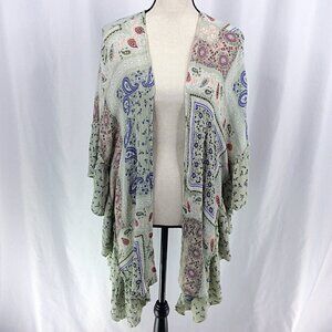 I the Wild Women's Cardigan Small Medium Open Front Ruffle Paisley Floral Green